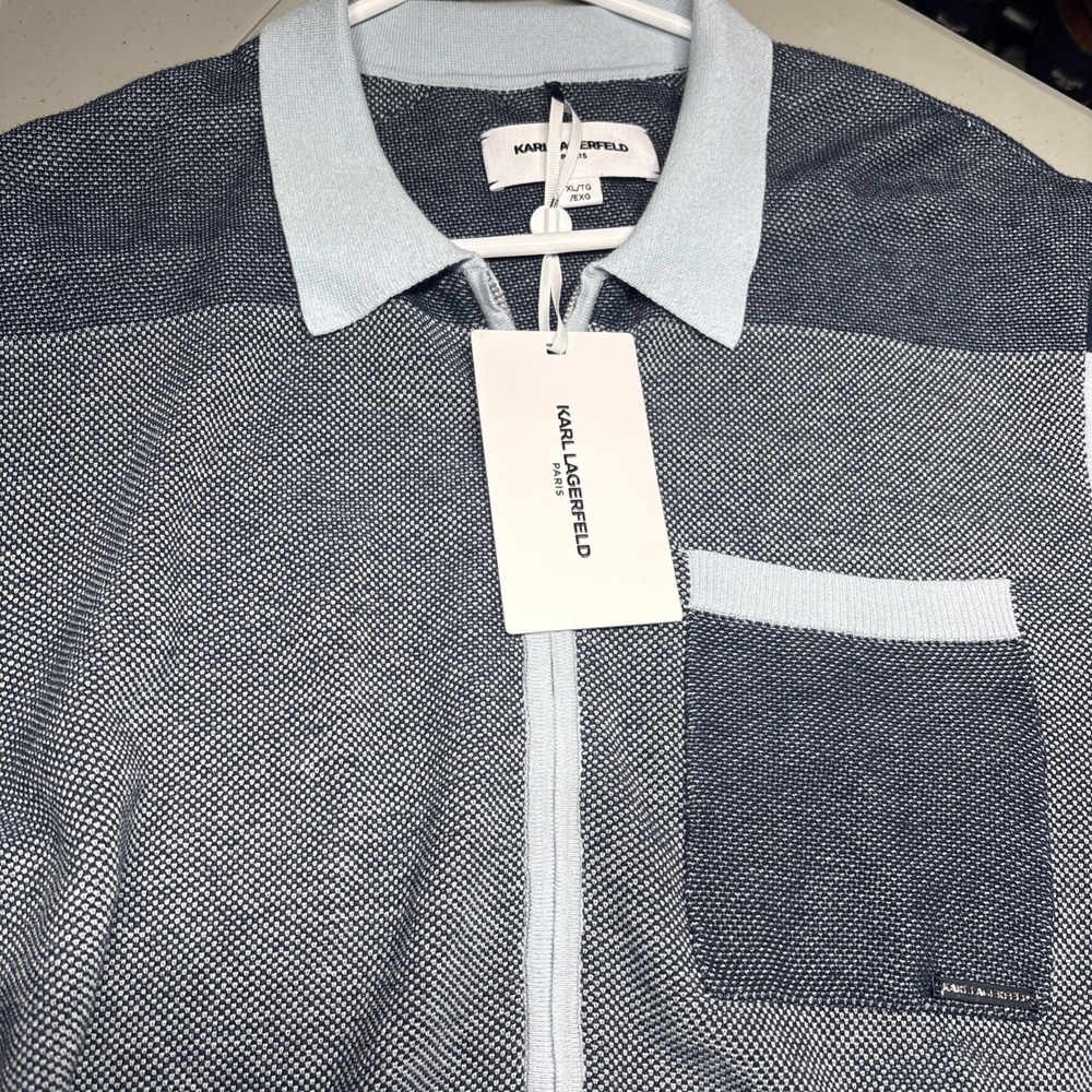*NEW* Karl Lagerfeld Paris Blue Cotton Knit Collared Full Zip Logo size XL $225